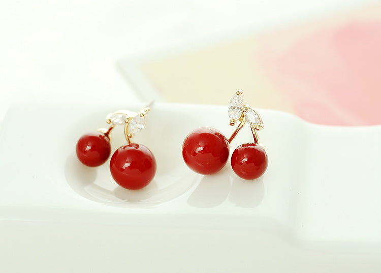 Stylish red cherry pearl stud earrings