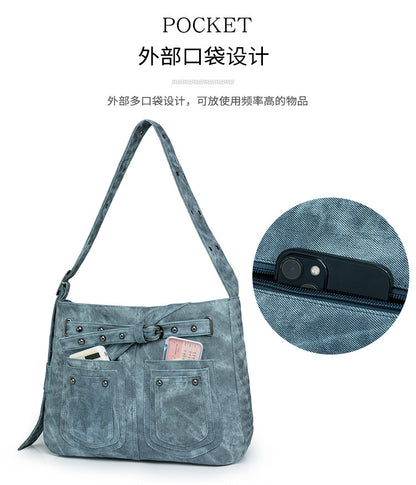 Denim blue rivet retro large capacity PU messenger bag