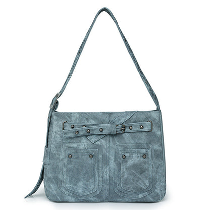 Denim blue rivet retro large capacity PU messenger bag